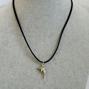 Mens silver dolphin charm black suede necklace